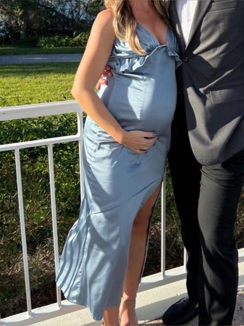 Satin Maternity Dress in Dusty Blue